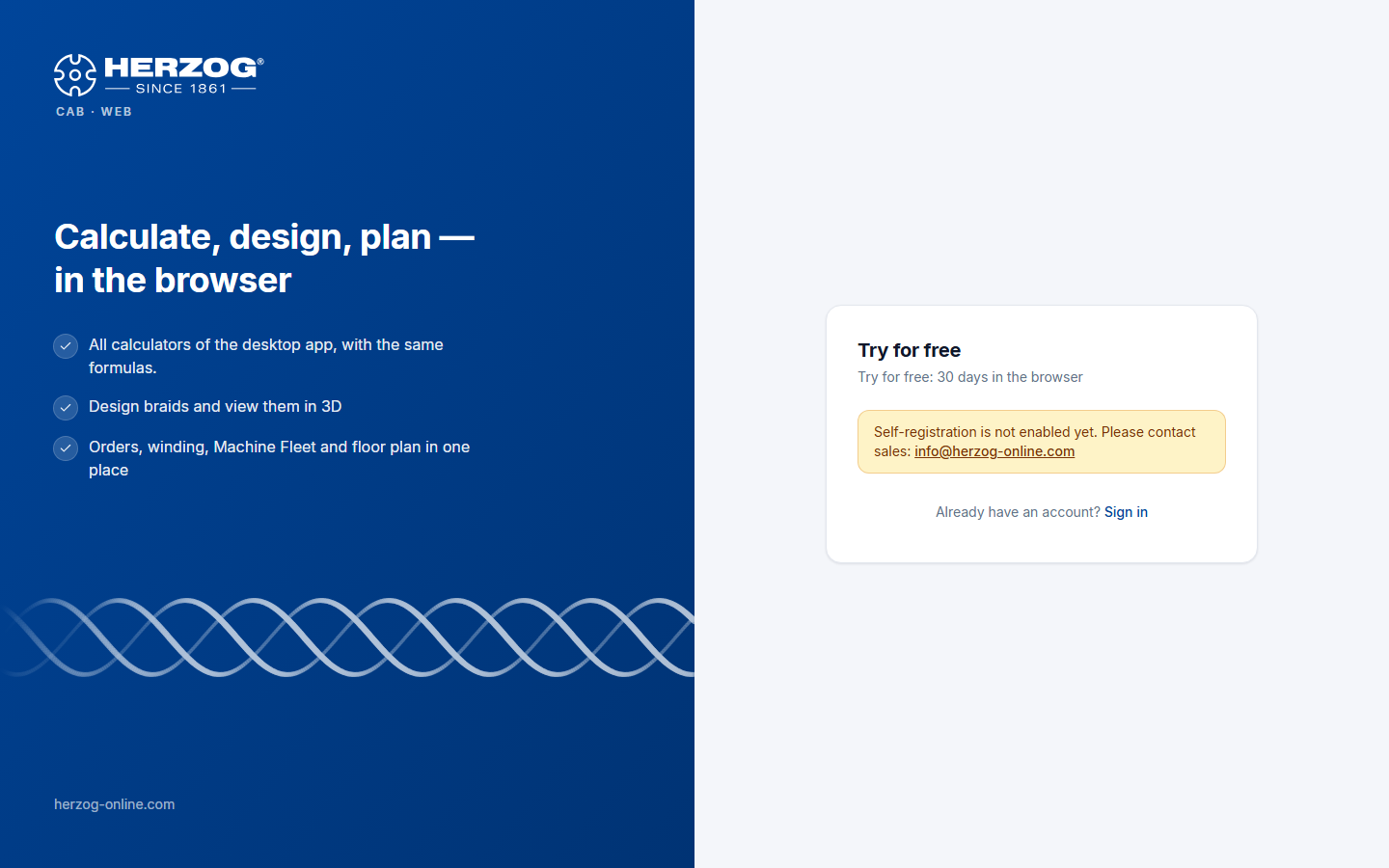 Registration page of the web app "Try for free: 30 days in the browser".