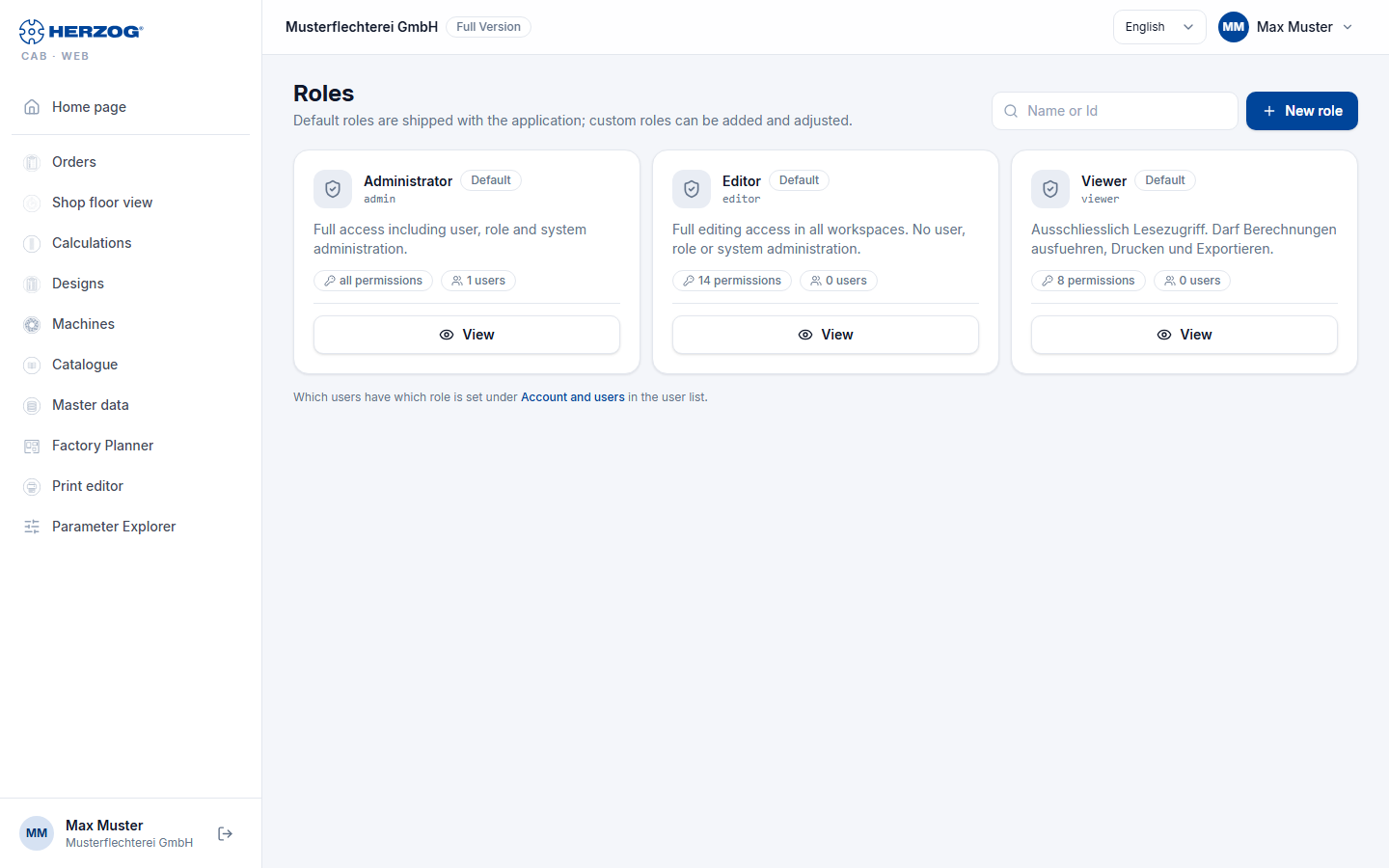 Roles in the web app: list of default and custom roles with number of permissions and number of users.