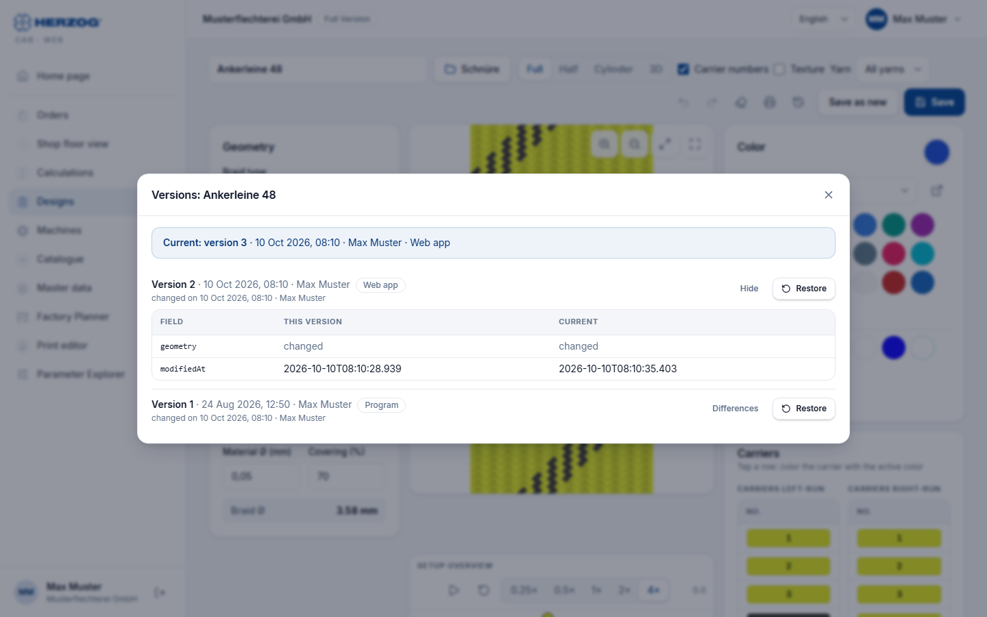 The “Versions” dialog of a design: at the top the box “Current: version n” with date, person and source, below it the earlier versions with “Differences” and the restore button, one version expanded with the changed fields